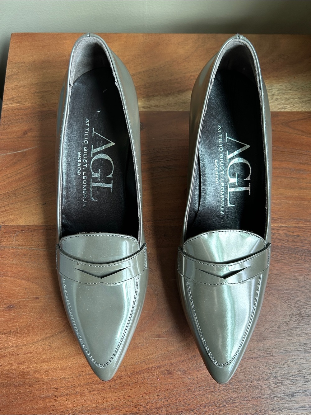 AGL Silver Pointed-Toe Patent Loafers